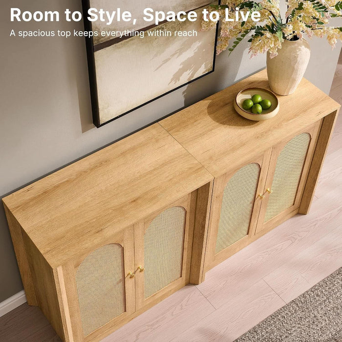 Rattan Arched Door Sideboard Buffet Cabinet, Natural Oak