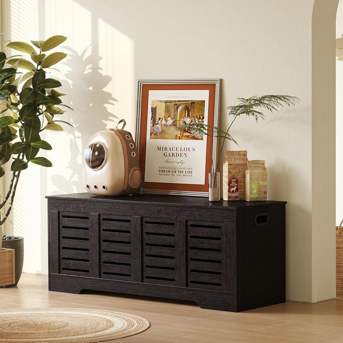 Storage Chest, 47.3” Wooden Toy Box with 2 Safety Hinges, Retro Entryway Shoe Storage Bench with Flip-Top, Sturdy Large Storage Trunk for Living Room, Bedroom, Easy Assembly, Espresso
