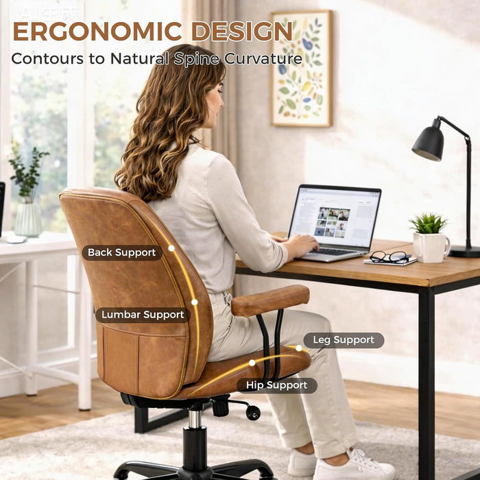 Brown Leather Office Chair with Quiet Rubber Wheels