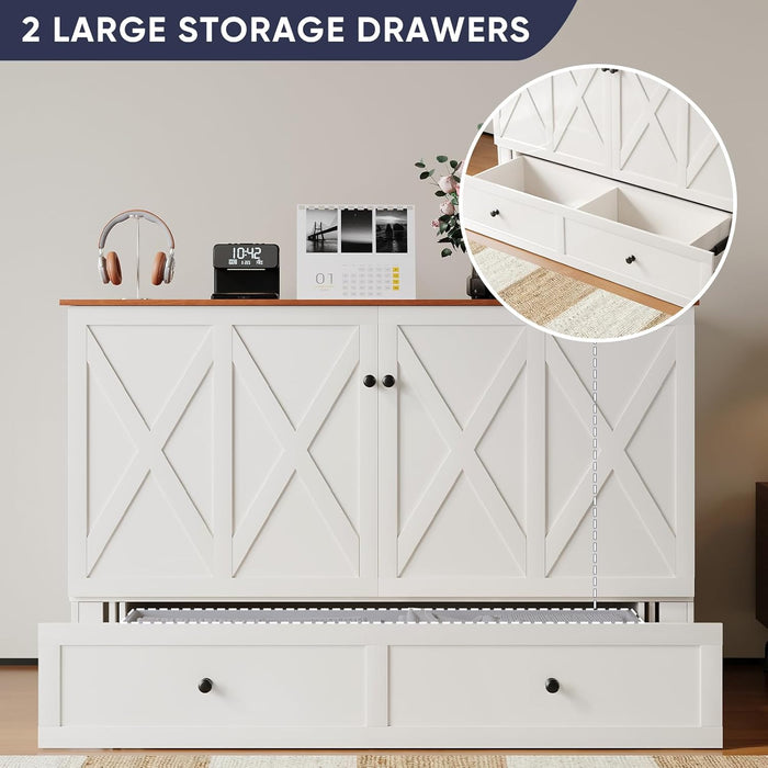 Queen Murphy Bed with Storage & Multifunctional Charging Station, Farmhouse Murphy Cabinet Bed with Foldable Panel, Space-Saving Beds for Guest Bedroom, Living Room-White & Brown,With Mattress