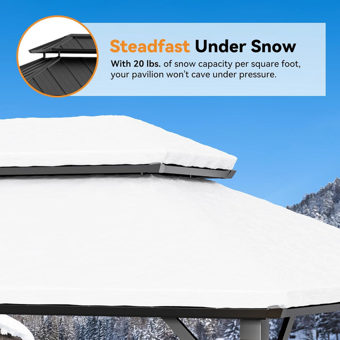 Modern Shade the Horizon Hardtop Gazebo 10' X 12' with 4 LED Lights, Permanent Outdoor Gazebo with Galvanized Steel Double Roof, Grill Pavilion with Decor Hooks, Mosquito Nettings, Black
