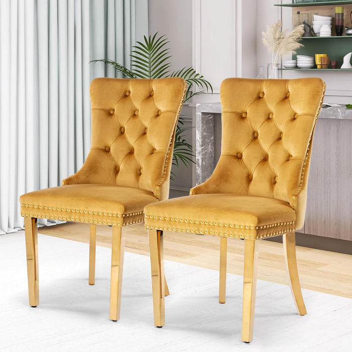 Velvet Dining Chair Set of 2, Upholstered Tufted Dining Room Chair with Nailhead Trim and Stainless Steel Gold Plated Leg for Kitchen, Gold