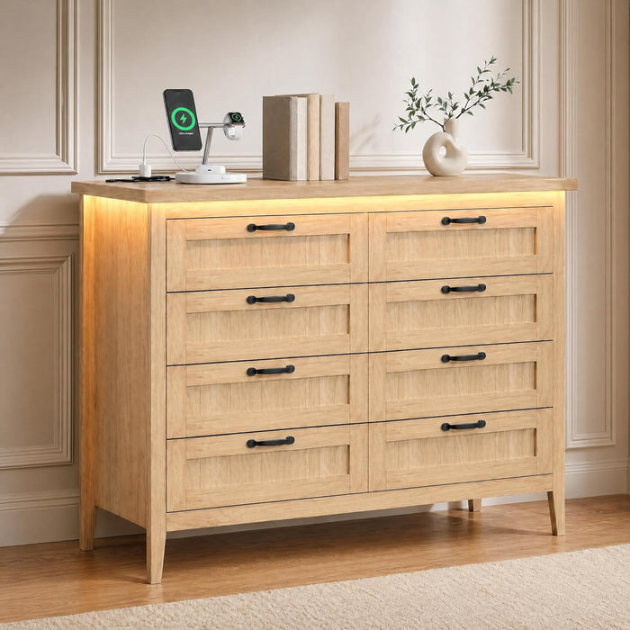 8 Drawer Chest Dresser with LED Lights and Charging Station, Smart RGB App & Remote Control, Built-In USB-A Type-C AC Outlets, Wood Storage Cabinet 44.9" Tall for Bedroom Living Room