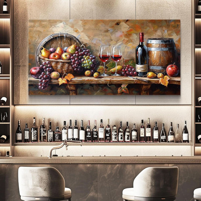 Kitchen Wall Art Grape Barrel Painting Red Wine Glass Fruit Artwork Prints for Dinning Room Bar Canvas Wall Decor for Living Room Food Still Life Abstract Picture Home Decoration 20X40In