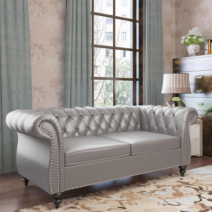 2 Piece Living Room Set, Chesterfield Leather Sofa Couch Chair with Scroll Arms and Nailhead for Living Room, Office (Grey)