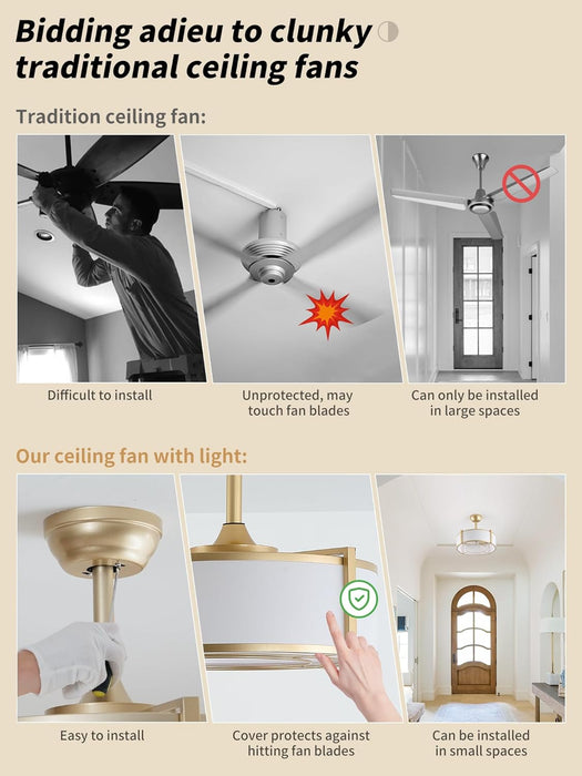 20" Caged Ceiling Fans with Lights, Gold Fandelier Ceiling Fan with Light, Boho Chandelier Fan Remote Control, 6 Speeds for Bedroom, Nursery, Living Room