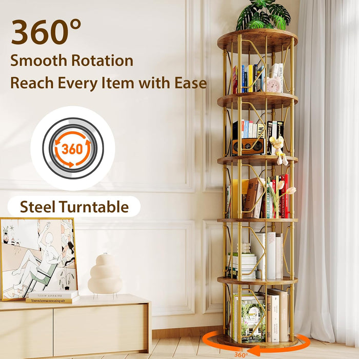5 Tier Rotating Bookshelf Tower, Revolving Bookcase, 360° round Spinning Book Shelf, Narrow Swivel Bookshelves Vertical Turning Corner Bookshelf Organizer for Bedroom, Living Room, Gold & Brown