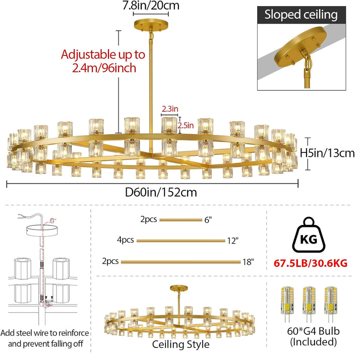 Modern 60 Inch Gold round Chandelier, Extra Large Chandeliers Crystal Chandeliers for Living Room, Large Wagon Wheel Chandelier for Foyer, Staircase, Entrance,Includes Bulb