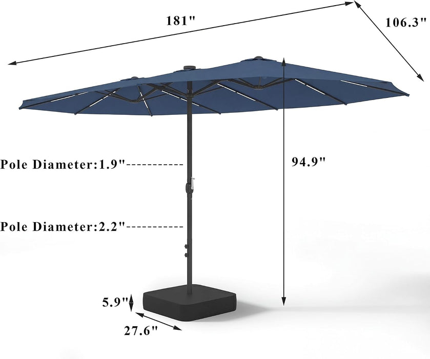 15FT Patio Umbrella with Solar Light Bar, Large Double-Sided Outdoor Table Umbrella with Base, Crank, Steel Ribs and Pole for Patio, Beach Sun Umbrellas for Backyard, Poolside, Navy Blue