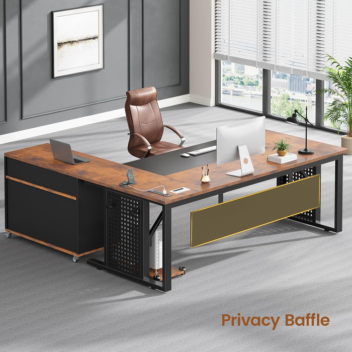 71" Executive Desk with Rolling File Cabinet, Large Office Desk with Drawers, L Shaped Computer Desk with Power Outlets, CPU Stand, Pegboard and Storage Shelves, Rustic Brown