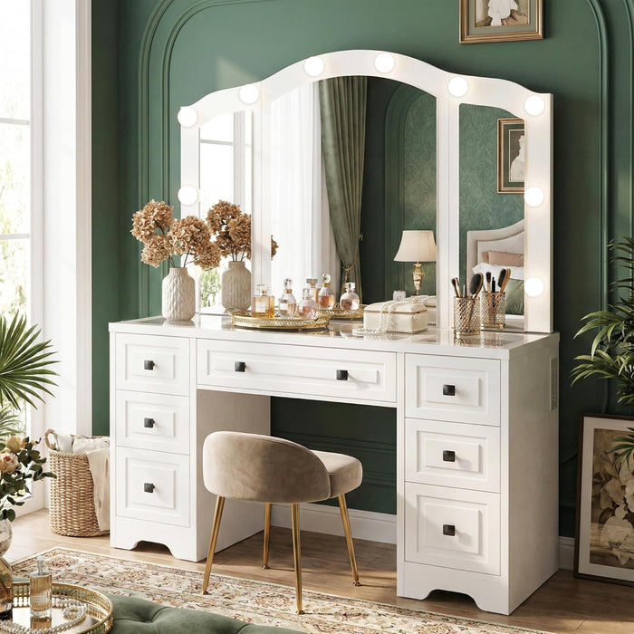 White Lighted Vanity Desk, Tri-Fold Mirror, 5 Drawers, Outlets | Retro Dressing Table with Lights, 5-Drawer Vanity Desk for Women & Girls, Vintage with Glass Top,Hair Dryer Holder