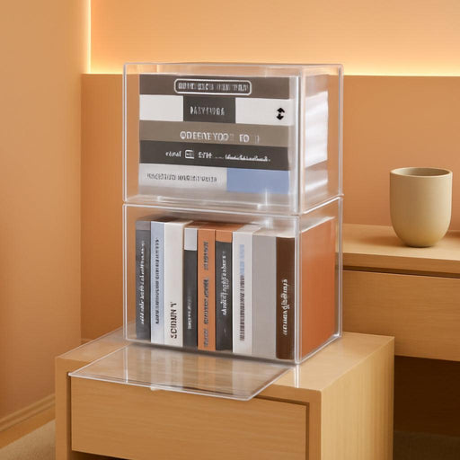 2Pcs Clear Book Storage Organizer Box, Plastic Stackable Book Display Case with Magnetic Door, Assemble Storage Showcase for Toy Dolls, Books, Shoes Organizing