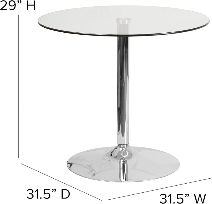 Hills 31.5'' round Glass Dining Table with 29''H Chrome Base, Decorative Narrow round Tempered Glass Cocktail Table, Clear/Silver
