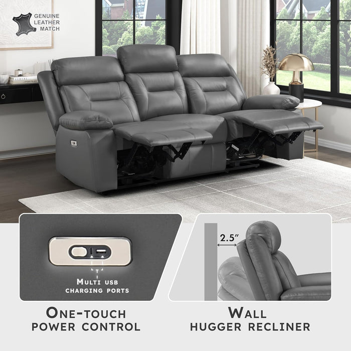Power Double Recliner Sofa, Top Grain Leather Match Reclining Sofa with Pillow Top Armrests, Home Theater Seating, Wall Hugger Recliner Couch with USB Port, 87" W, Dark Gray
