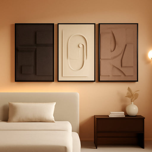 Large 3D Textured Framed Abstract Wall Art for Living Room, 3 Piece Modern Paintings Artwork for Walls, Black White Brown Geometric Sandstone Texture Pictures for Hallway Office Home Decor 24X36 In