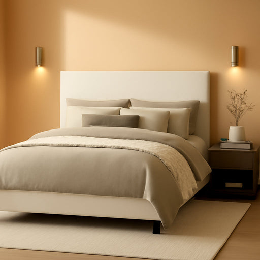 Home Furnishings - Dorian - Fabric Upholstered Wood Panel Bed with Padded Headboard, Wood Legs and Transitional Style - Bedroom - California King Size - Cream - 300852KW