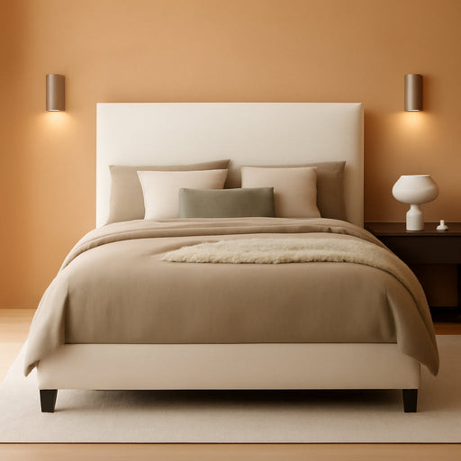 Home Furnishings - Dorian - Fabric Upholstered Wood Panel Bed with Padded Headboard, Wood Legs and Transitional Style - Bedroom - California King Size - Cream - 300852KW