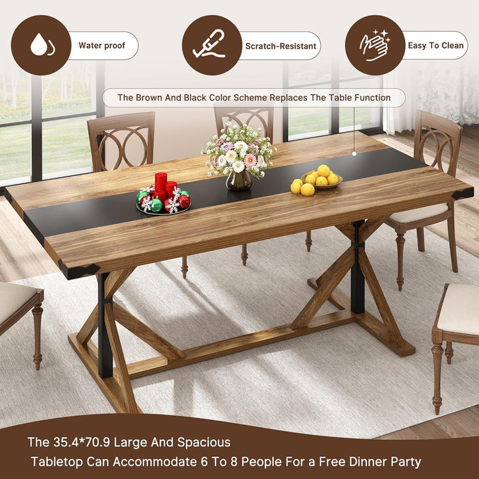 71 Inch Dining Table for 6 People, Rectangular Kitchen Farmhouse Table W/Thickness Waterproof Wood Tabletop,Long Dining Room Tables W/Wood Strip Base for Kitchen Living Room Oak
