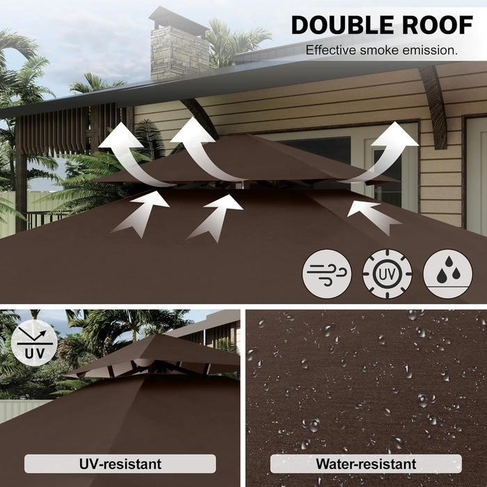 11 X 5 Grill Gazebo with Extra Side Awning Outdoor BBQ Gazebo with 2 LED Lights for Patio Party Backyard Picnic(Brown)