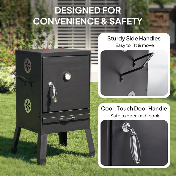 2-In-1 Outdoor Smoker with Door, Vertical Portable Charcoal Grill with Two Detachable Grill Smoking Racks and Charcoal Pan, Perfect for Camping Barbecue, Small Families, Black