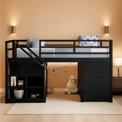 Low Loft Bed Twin Size with Stairs & LED Lights, Kids Loft Bed with 7 Storage Drawers & 3 Open Cubbies & Handy Clothes Rail, Twin Loft Bed with Safety Guardrail, Under-Bed Play Area, Black