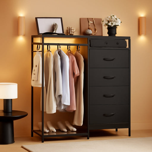 Black All-In-One Dresser With Clothes Rack Storage