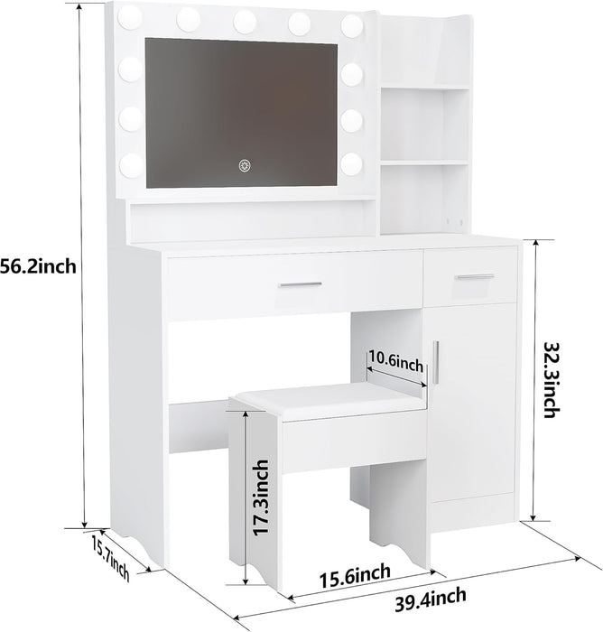 Vanity Desk with Mirror and LED Lights,Vanity Desk with 3 Drawers & 3 Storage Shelves,Vanity Table with Chair,Three Adjustable Lighting Modes,Bedroom Vanity,White