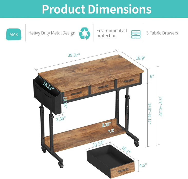Rolling Height Adjustable Computer Desk With Drawers
