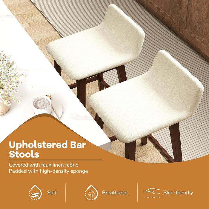 24" Bar Stools Set of 2, Upholstered Counter Height Barstools with Low Back, Footrest, Armless Wood Bar Chairs for Kitchen Island, Dining Room, Brown & Beige