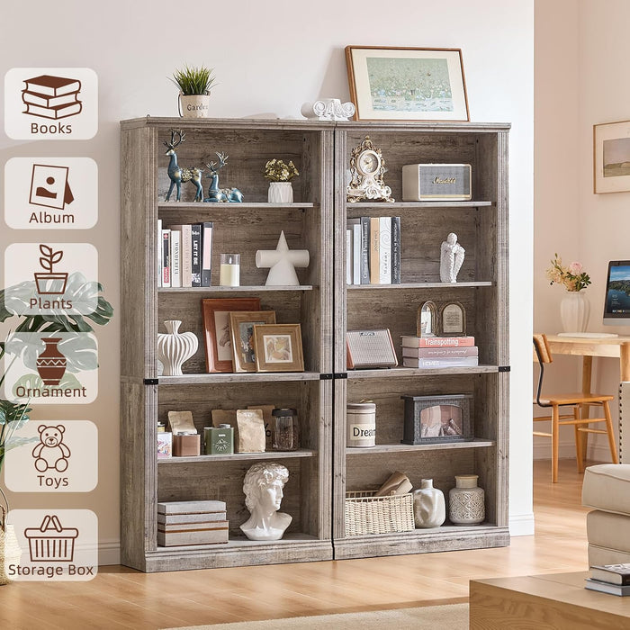 70" Grey Tall Bookcase, 5 Tier Wooden Standing Farmhouse Bookshelf