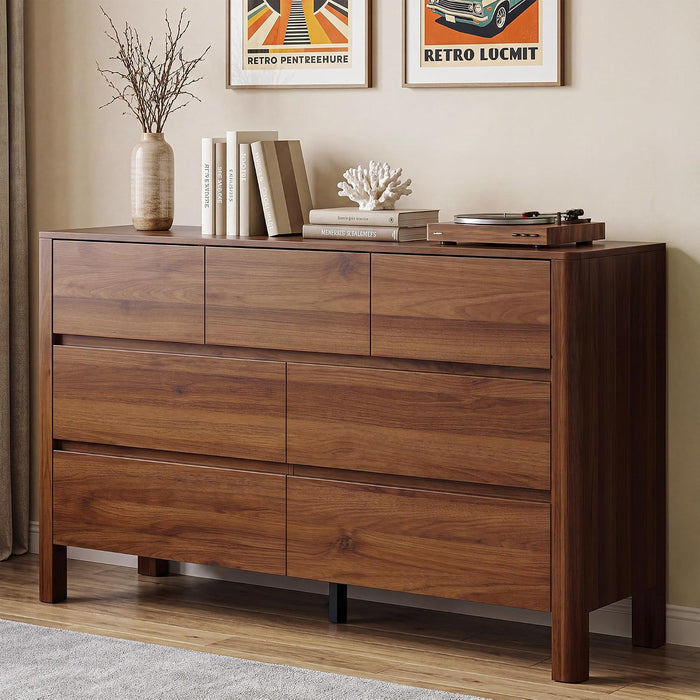 Walnut Dresser for Bedroom, 51" Mid-Century 7 Drawer Dresser with Wide Drawers and Wood Legs, Curved Edge Design, Modern Large Dressers & Chests of Drawers for Bedroom, Hallway.