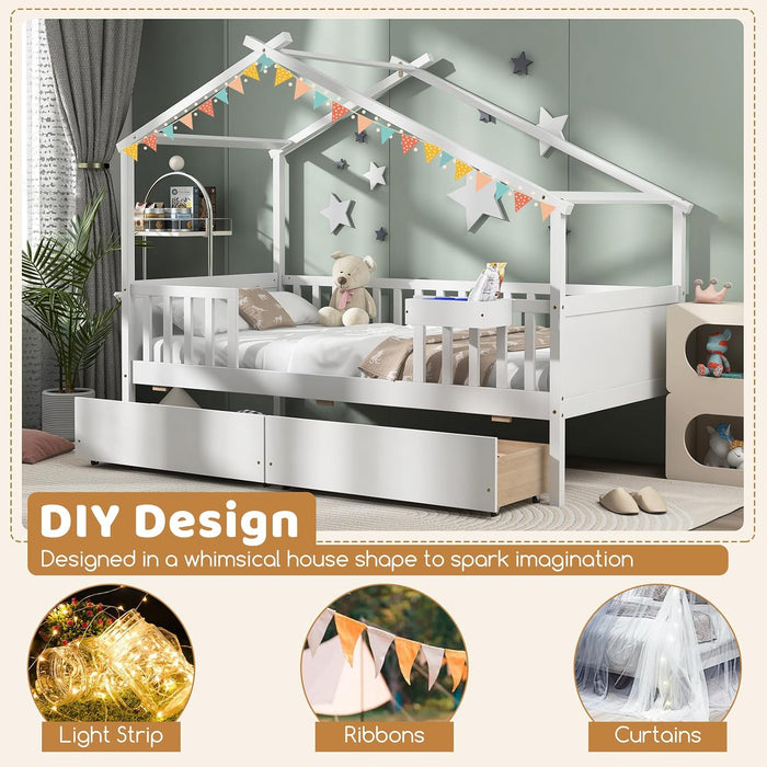 Twin House Bed White With IntegratedStorage Drawers