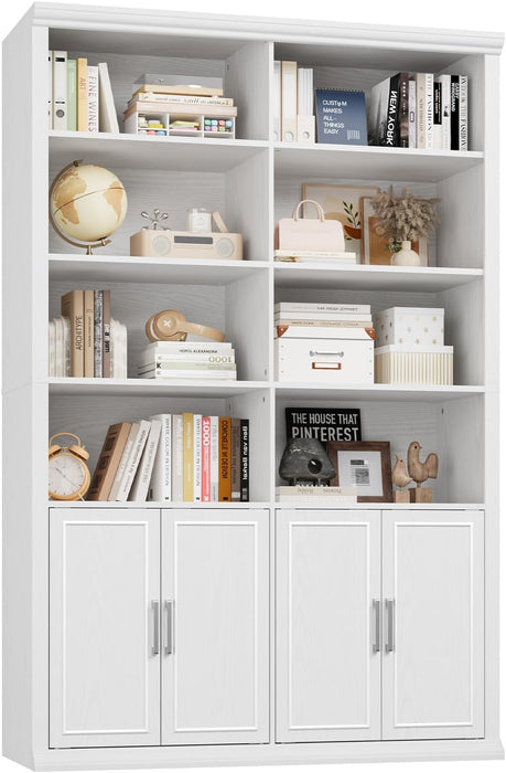 42" W Double Bookcase and Bookshelf with Doors, White | 72" Tall, Large Bookcase, Open Shelves & 6-Tier Storage Cabinets, for Home Office, Living Room, Library