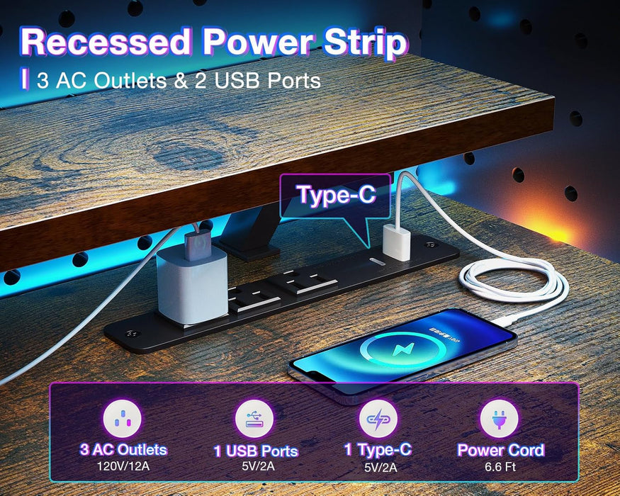 Reversible Gaming Desk with USB Charging Port and LED Lights, 40 Inch Computer Desk with Storage Shelves & Monitor Stand, Writing Study Table for Home Office, Small Space Bedroom, Rustic Brown