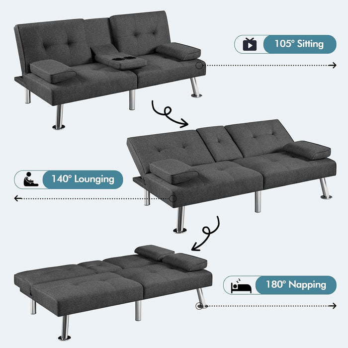 Convertible Sofa Bed Adjustable Fabric Couch Sleeper Modern Recliner Reversible Loveseat Folding Daybed Guest Bed, Removable Armrests, Cup Holders, 3 Angles, 772Lb Capacity, Dark Gray