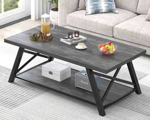 Coffee Table, Industrial Wood and Metal Center Table for Living Room, Rectangle Cocktail Tea Table with Storage Shelf, Rustic Grey, 47 Inch