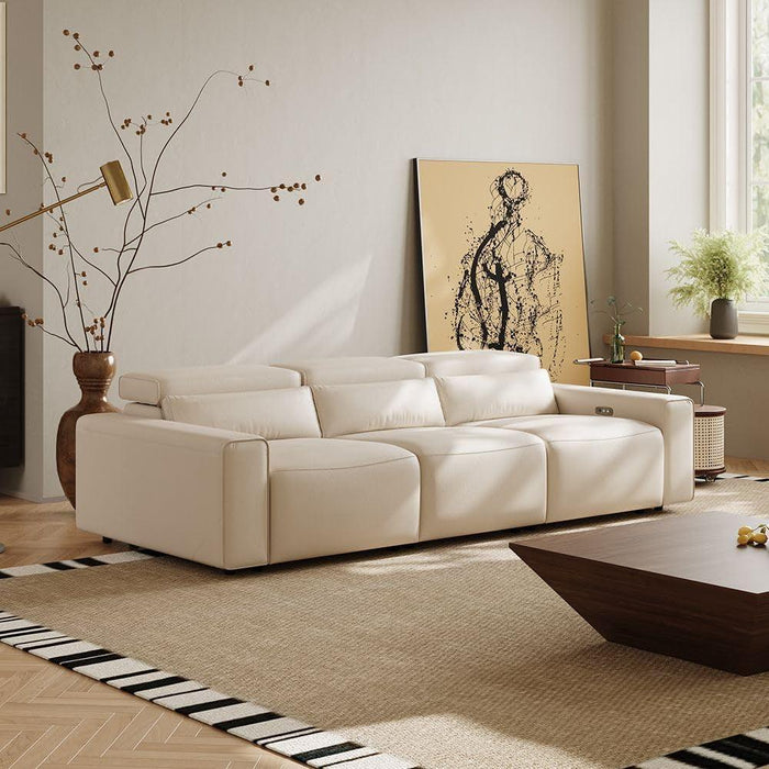 108" Power Recliner Couch, Leather Power Reclining Sofa with Electric Backrest and Footrest, Modular Sectional Sofa for Living Room, Electric Recliner with Wide Seating, Beige