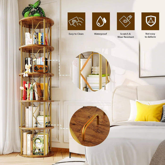 5 Tier Rotating Bookshelf Tower, Revolving Bookcase, 360° round Spinning Book Shelf, Narrow Swivel Bookshelves Vertical Turning Corner Bookshelf Organizer for Bedroom, Living Room, Gold & Brown