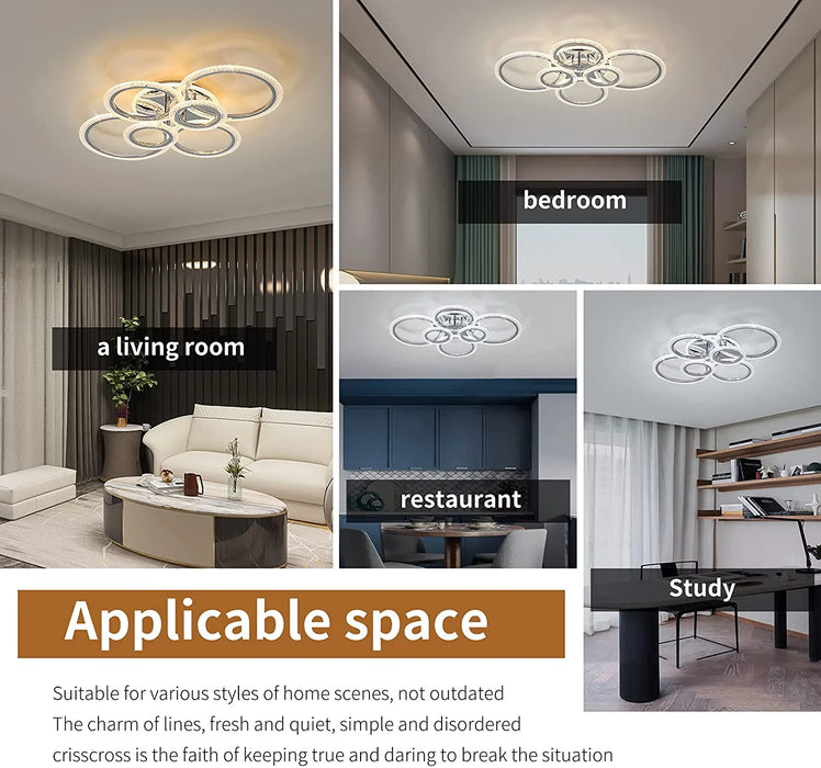 LED Ceiling Lamp 76W Modern Close to Ceiling Light Dimmable 6 Rings Ceiling Chandelier for Living Room Bedroom,Chrome