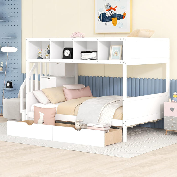 Twin over Full Bunk Bed with Storage Shelves, Stairs, Solid Wood Staiway Bunk Bed Frame with 2 Drawers, for Kids Teens Adults (White)