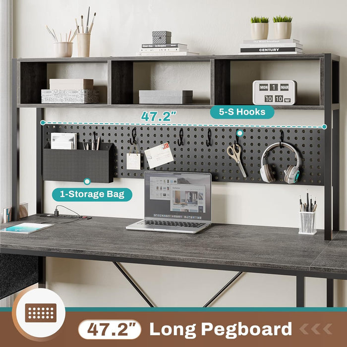 L Shaped Desk, 94.5 Inch Home Office Desk with Power Outlet & Pegboard, L Shaped Gaming Desk with LED Light, Keyboard Tray, Storage Shelves and Headphone Hook for Home Office, Grey