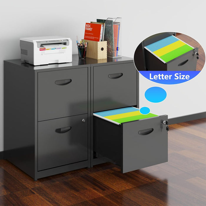 2 Drawer Filing Cabinet with Lock, Black Metal File Cabinets for Home Office, Light Duty Locking Vertical File Cabinet, Steel File Storage Cabinet for Hanging Letter Size File - Assembly Required