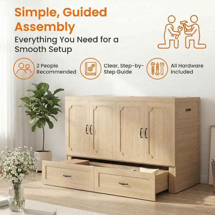 Queen Murphy Bed With Mattress NaturalWood Storage
