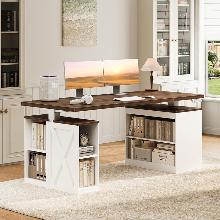 Farmhouse 55 Inch Electric Standing Desk with Storage, Walnut+White