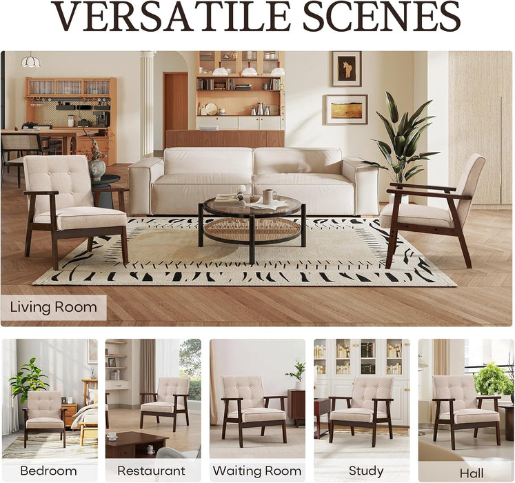 Fabric Mid-Century Modern Accent Chair Set of 2, Upholstered Armchair with Solid Wood Frame, Reading Chair for Living Room, Bedroom