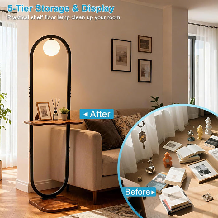 47-Inch Arch Floor Lamp, Modern Standing Lamp with Table, Black Metal Frame with Globe Shade, Living Room Bedroom Lighting, G9 LED Bulb Included for Sofa Beside/Corner Decor