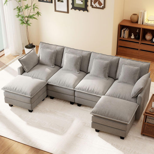 106-Inch U-Shaped Modular Sectional Sofa with Ottoman, Grey Chenille