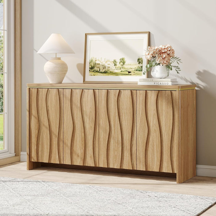 Fluted Buffet Cabinet with Storage, Kitchen Coffee Wine Bar Cabinet | Modern Sideboard Storage Cabinet with 3D Ripple Pattern Doors & Shelf for Dining Room,Living Room,Entryway, Natural, 57.9" W
