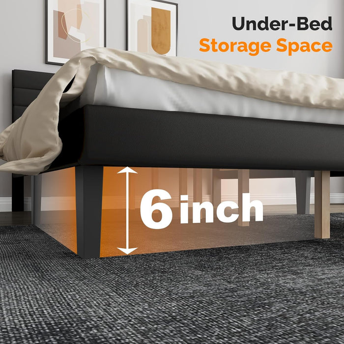 Full Upholstered Bed Frame, Adjustable Headboard, PU Leather Black