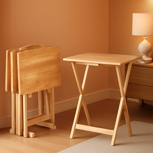 Classic Portable TV Dinner Rectangular Folding Tray Table with Storage Rack, Natural - Set of 4 Trays, 15"D X 19"W X 26"H